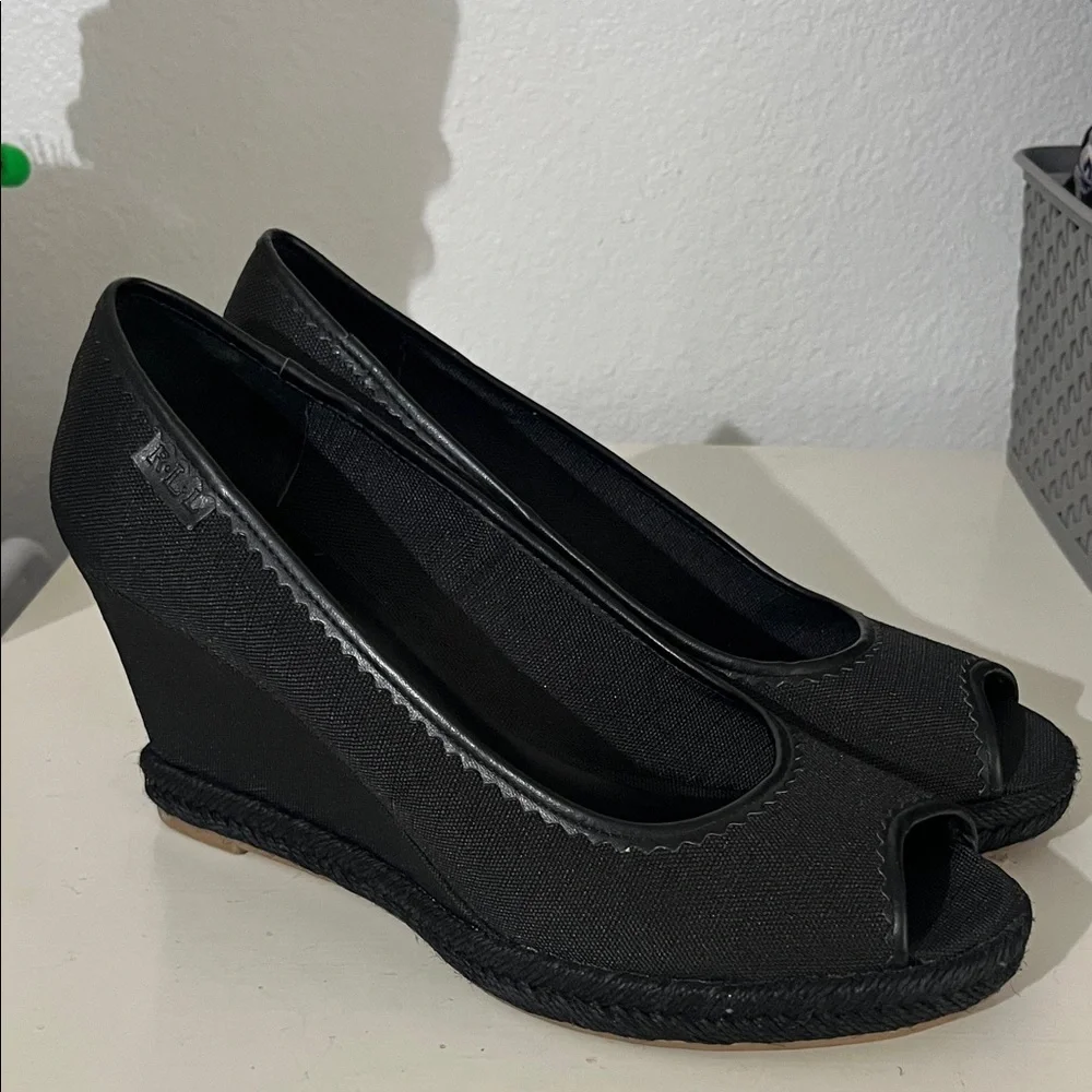 Lauren Ralph Lauren Women’s Nella Canvas Wedge Peep Toe Shoes Size 9.5 Black